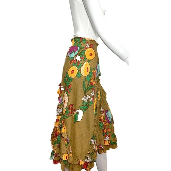 FREE PEOPLE RARE Floral Ruffled + Ruched Midi Skirt - Picture 2 of 6